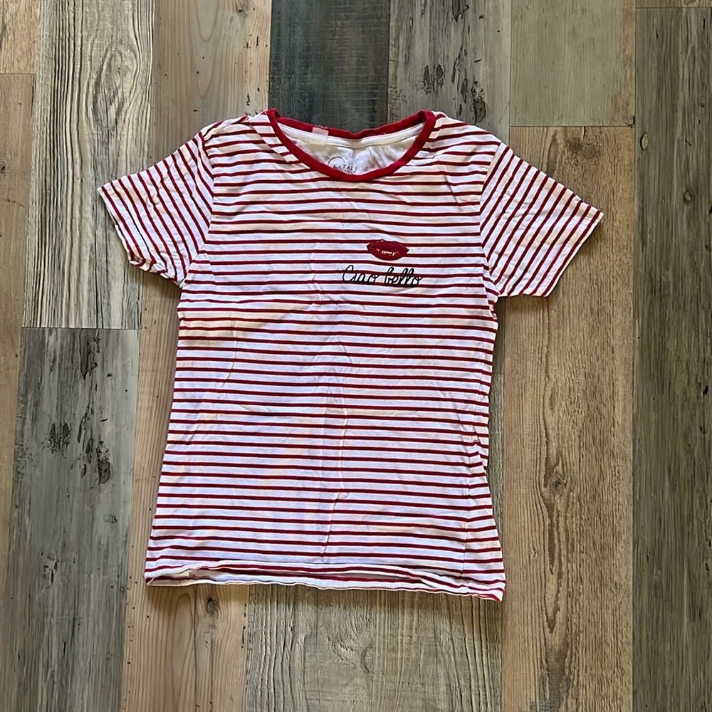 Eataly Ciao Bello Red and White Striped Tee Shirt Size: Small (S)